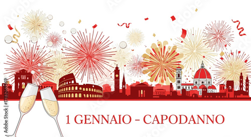 New Years Eve Celebration in Italy with Fireworks and Champagne.