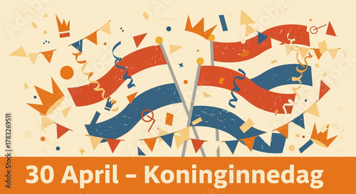 Festive illustration of Dutch flags celebrating Koninginnedag holiday.