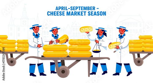 Cheese Market Season with Workers and Cheese Wheels.