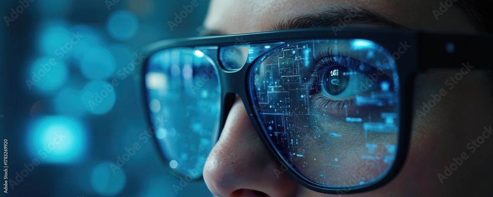 Naklejka premium Person wears smart glasses displaying digital data on lenses. Futuristic eyewear provides visual information overlay for augmented reality experience. Future tech for data analysis and interaction.