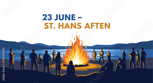 People celebrating St Hans Aften with a large bonfire on the beach.