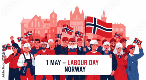 A large crowd of Norwegian workers celebrating Labour Day on May 1st with flags.