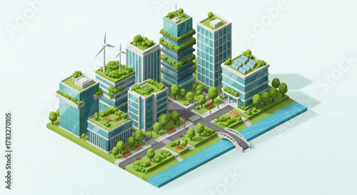 Isometric green city with sustainable architecture and renewable energy for eco friendly urban planning design