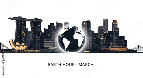 Earth Hour cityscape with globe symbolizing environmental awareness and sustainability.