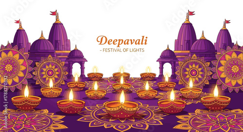 Deepavali festival of lights celebration with many glowing diya lamps.