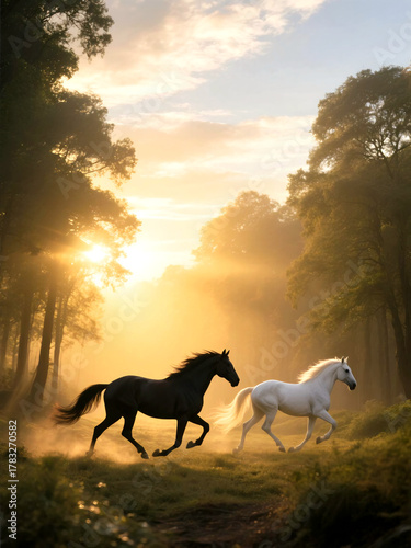 Horses running on sunset