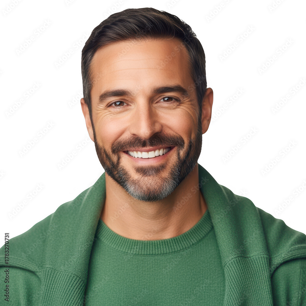 Obraz premium Smiling man with beard wearing green sweater isolated on transparent background