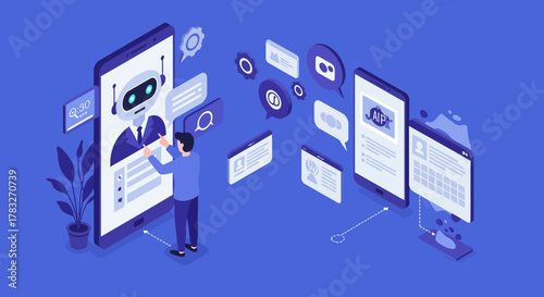Isometric illustration of ai communication and data interaction in a digital setting