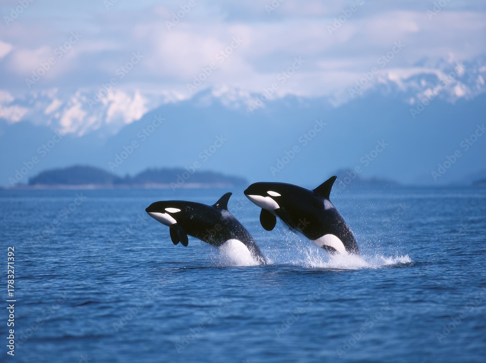 Fototapeta premium Two killer whales breaching, distant mountains