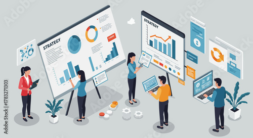 Isometric business analysis meeting with charts and graphs