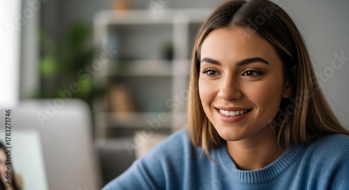 Smiling woman focused on a video call at home. Free Download Smiling woman focused on a video call at home. - GFXLoad