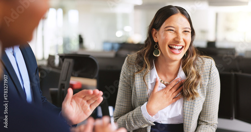 Foto Applause, praise and business woman laugh for promotion, career success or thank you