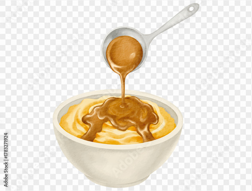 Watercolor gravy sauce bowl illustration for Thanksgiving dinner table. Vector.
