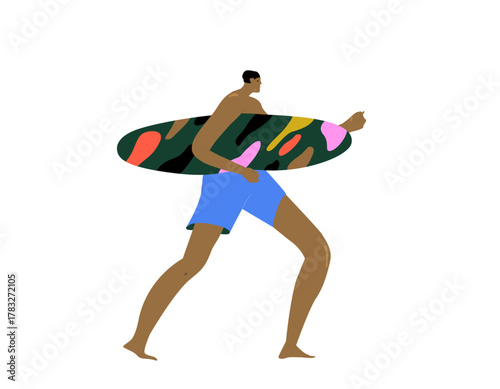 Man walking with surfboard in hands. Active tanned guy surfer going and holding surf board on summer holidays. Flat vector illustration isolated on white background.