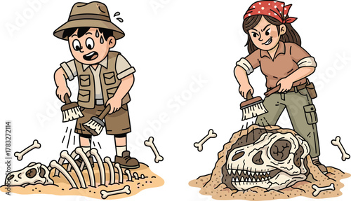 Cartoon paleontologists digging fossils, kids excavation scene, dinosaur bones discovery, archaeology adventure, educational illustration, prehistoric science,