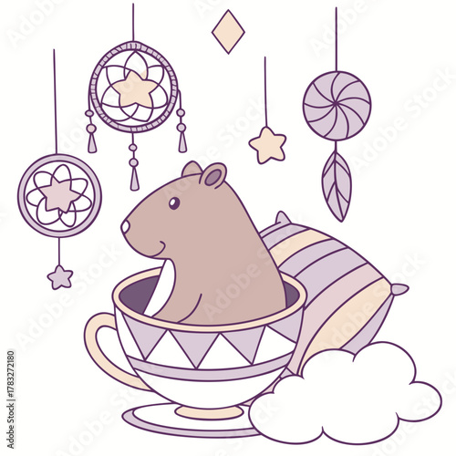 Dreamland colored Capybara with a Funny touch, placed in a Fantasy dream theme and styled with in a teacup