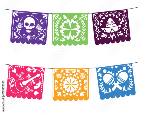 Bright colorful papel picado garland inspired by Mexican fiesta and Day of the Dead tradition perfect for celebration design party background and festive cultural decoration illustration
