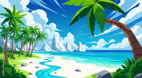 Vibrant vector illustration of a tropical beach paradise. Green palm trees, blue ocean, sandy shore, and majestic mountains under a clear sunny sky