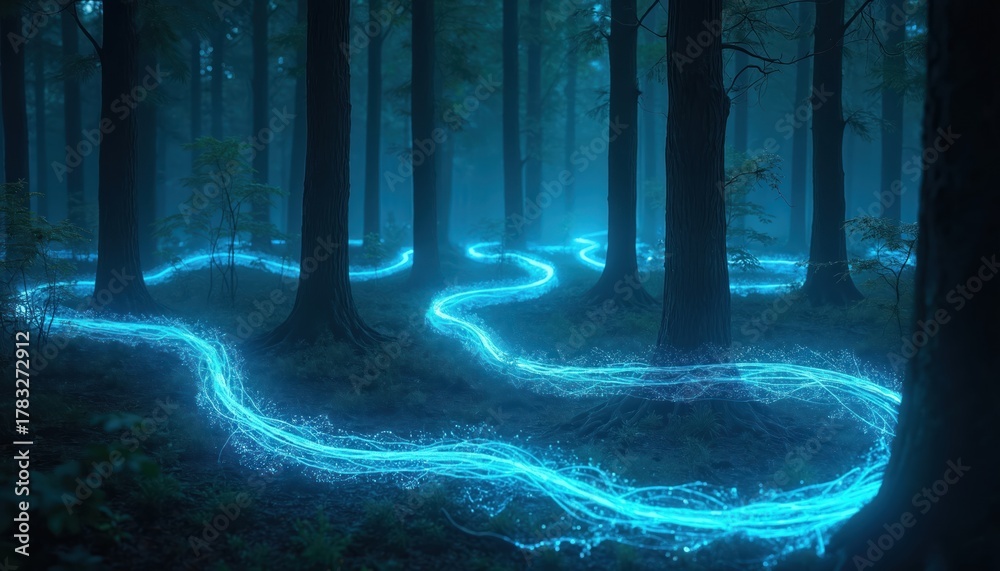 Naklejka premium Glowing blue light streams wind through dark forest at night. Ethereal energy flows over ground, illuminating trees, creating mystical path. Nature scene with surreal atmosphere, peaceful yet