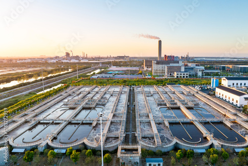Fotografie Aerial view of a sewage treatment plant