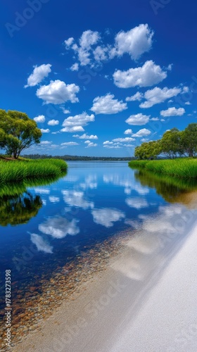 Tranquil Forest Lined Lagoon With Clear Blue Sky Reflected In Calm Water On A Sunny Day
