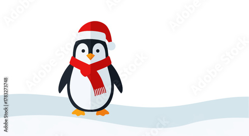 Festive penguin wearing a Santa hat and scarf, perfect for holiday promotions, greeting cards, and winter-themed designs, originally a scalable vector
