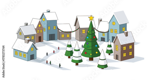 Charming Winter Village Scene with Christmas Trees and Snow-Capped Houses, Perfect for Holiday Greetings and Seasonal Designs, originally a scalable vector graphic