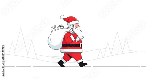 Santa Claus walking carrying a sack full of gifts, Christmas concept