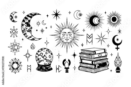 Modern hand drawn vector illustrations with magic symbols, crescent moon, sun, magic ball and books. Perfect for cards, embroidery, covers, prints
