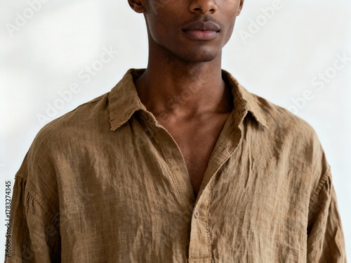 Close-up of a young man wearing a brown linen shirt