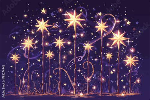 Enchanting starry night with glowing celestial bodies and magical flora in a whimsical landscape.