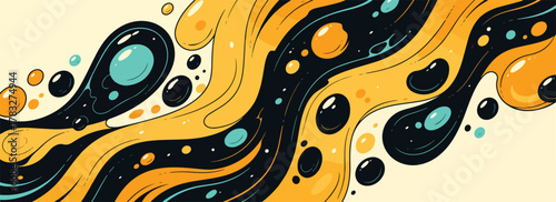 Abstract swirling liquid shapes in yellow black and teal creating a dynamic and fluid motion.