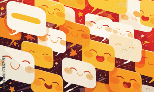 A vibrant array of cheerful speech bubbles with cute smiling faces illustrates lively digital communication and positive social interaction.