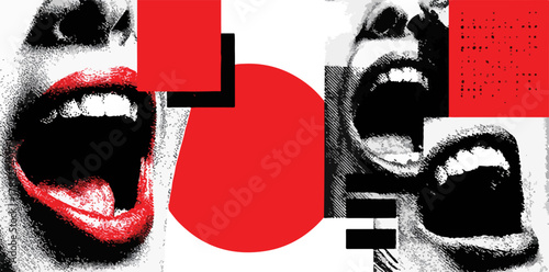 Bold vector artwork depicts multiple screaming mouths with vibrant red lips, integrated within abstract geometric shapes, conveying intense emotion and impactful graphic design.