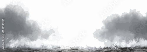 Abstract vector illustration depicting dense, dark smoke or fog spreading across a stark white backdrop, perfect for dramatic design elements.
