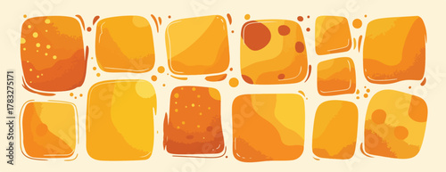 A vibrant vector illustration displays a playful arrangement of abstract, rounded orange and yellow shapes on a light background, ideal for modern design.