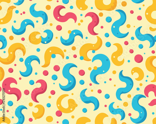 A vibrant and playful seamless pattern features an array of colorful abstract wavy shapes and scattered dots, creating a cheerful and dynamic background.
