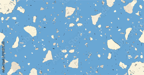 A vibrant blue background features a modern terrazzo-inspired pattern with scattered white and grey abstract shapes, perfect for contemporary design projects.