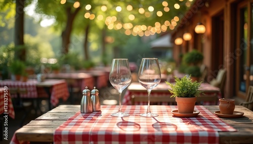 Empty outdoor restaurant tables await diners. Red checkered cloths top wood tables with wine glasses. String lights glow above trees and patio cafe setting.