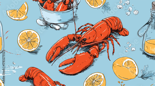 This vibrant vector pattern features delicious red lobsters, fresh lemon slices, and seasoning elements scattered across a light blue background.