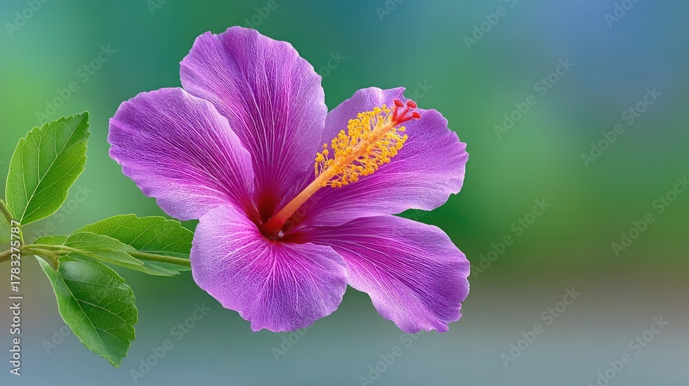 Fototapeta premium Close up of a vibrant purple hibiscus flower with yellow stamen covered in water droplets against a soft green and blue bokeh background in bright daylight