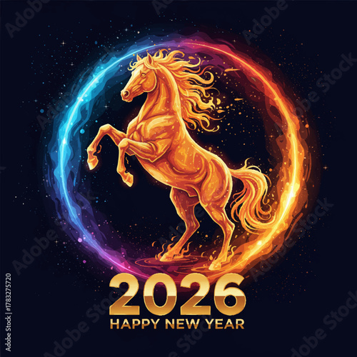 Mythical golden horse rearing in power inside a dual-colored energy circle representing the year 2026 against a cosmic background [with copy space]