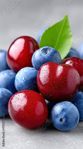 Close up of scattered fresh vibrant red cherries and deep blue blueberries glistening with water droplets on a textured grey surface with a single green leaf detail