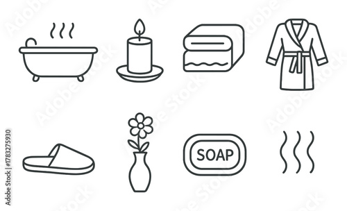 Spa essentials icons: bath, candle, towels, robe, slippers, vase, soap, steam