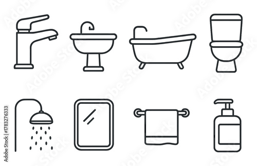 Minimalist bathroom icon set: faucet, sink, bathtub, toilet, shower, mirror, towel, soap