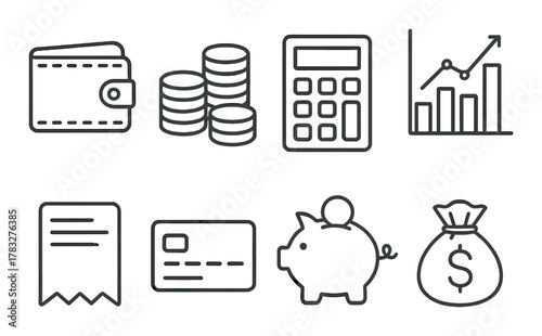 Financial icons set featuring wallet, coins, calculator, chart, receipt, credit card, piggy bank