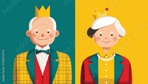 Charming vector illustration of a royal elderly couple wearing crowns and elegant attire against a split background.