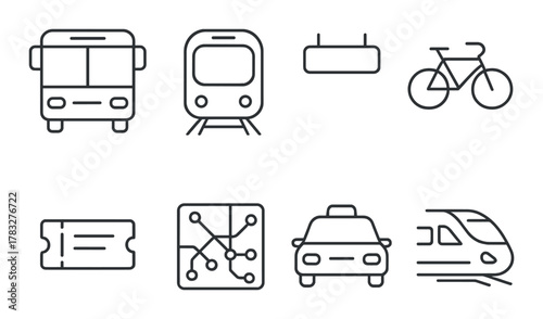 Public transport icons: bus, train, metro, bicycle, taxi, ticket, map