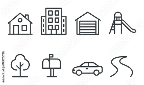 Set of simple line icons: house, apartment, garage, playground, tree, mailbox, car, road