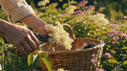 Closeup of a persons hands harvesting elderflower blossoms into a wicker basket in a sunny garden.